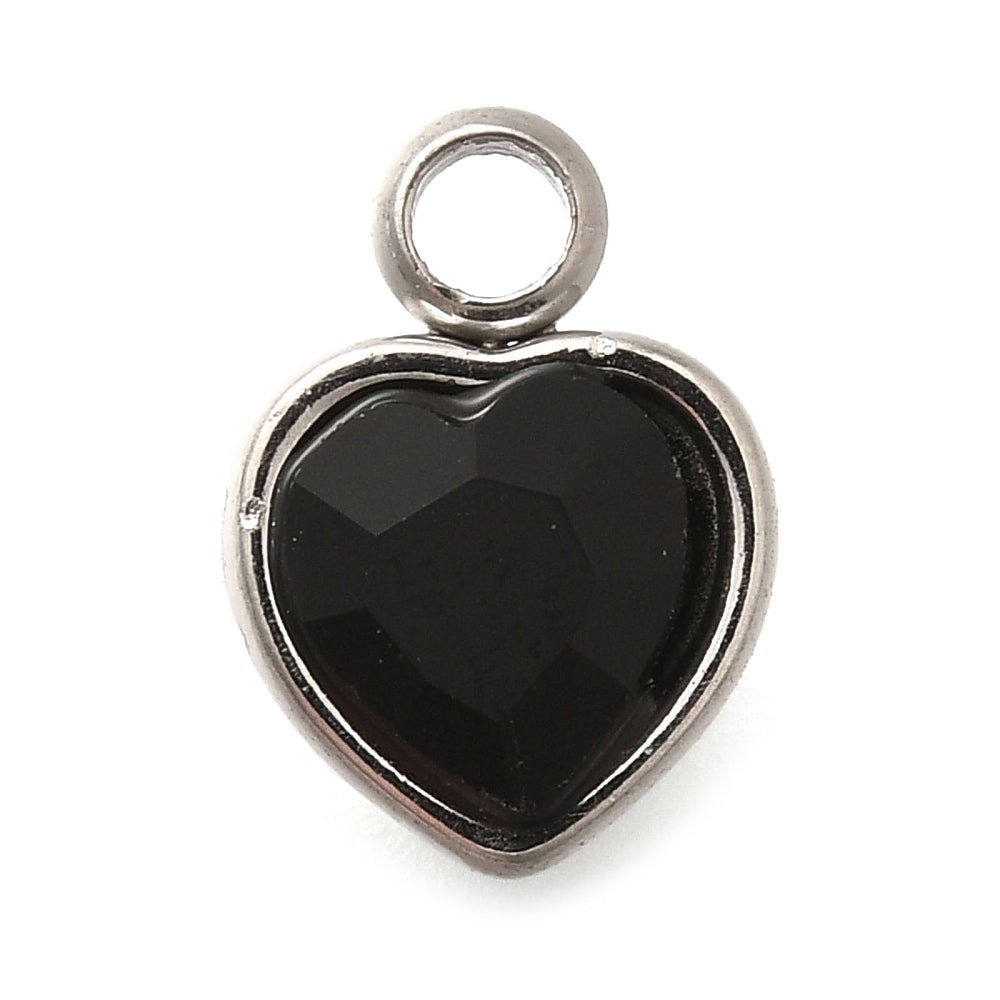 Hjerte Vedhæng med Rhinsten – Stål, Sort (9.5x6.5x4.5mm) 2 stk - Uniq Perler -
