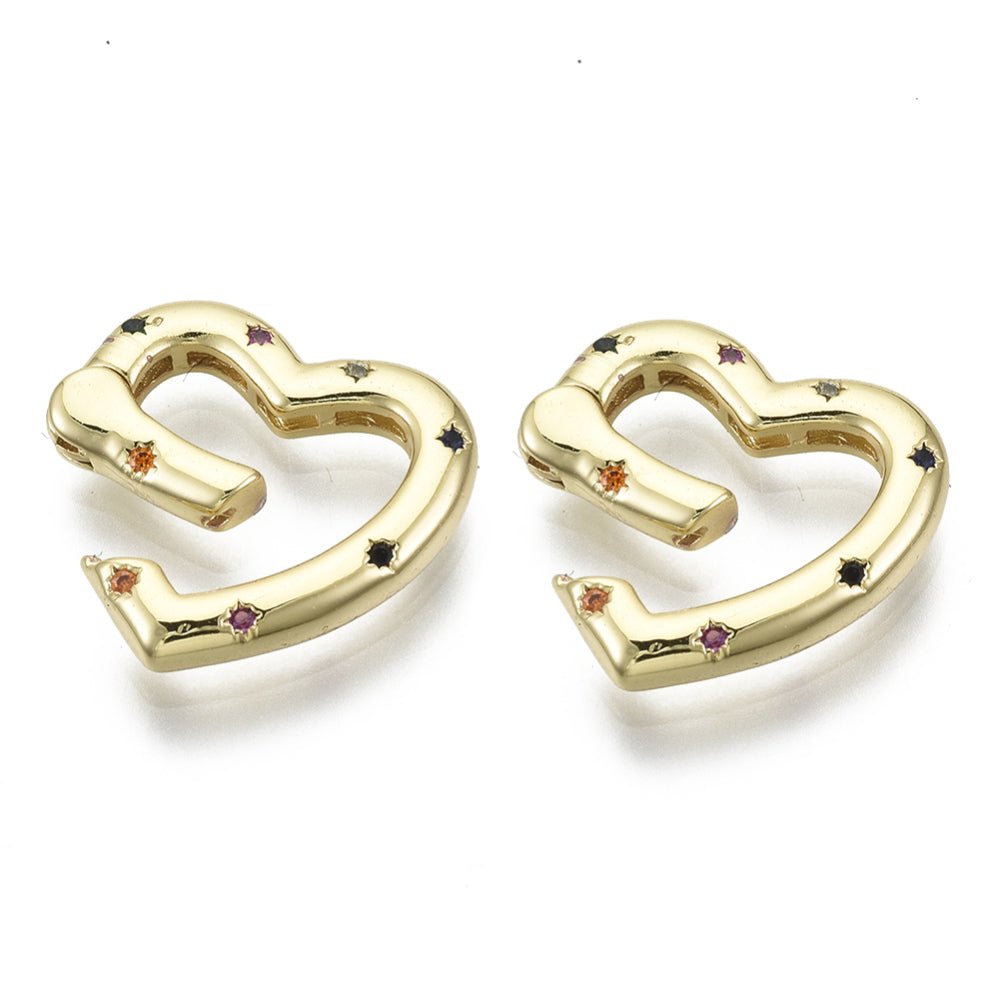 Hjerteformet Gate Springlås Med Zirkonia – Farve Mix, 16K Forgyldt Messing (18x19x3mm) - Uniq Perler - 124206