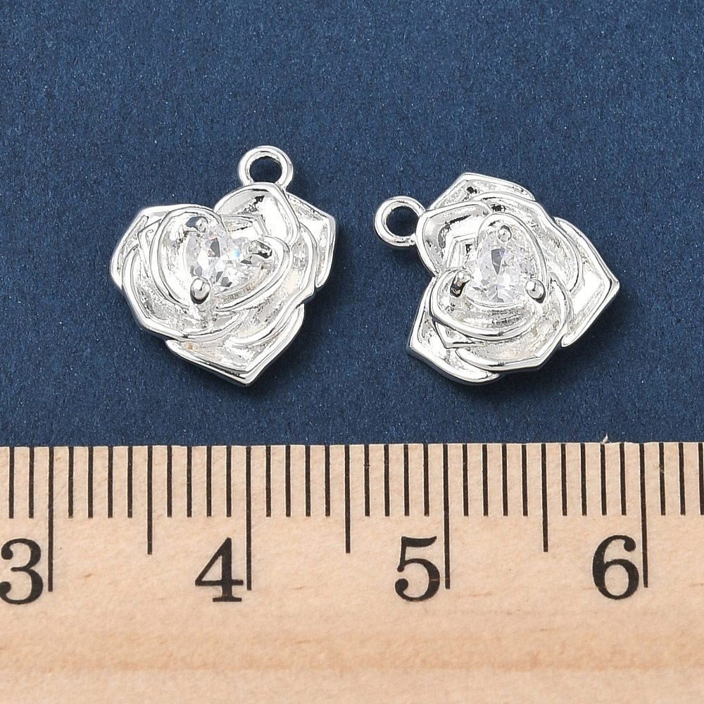 Hjerteformet Rose Vedhæng Med Zirkonia – 925 Sterling Sølv Belagt Messing (13,5x12,5x4mm) 2 stk. - Uniq Perler - 122605