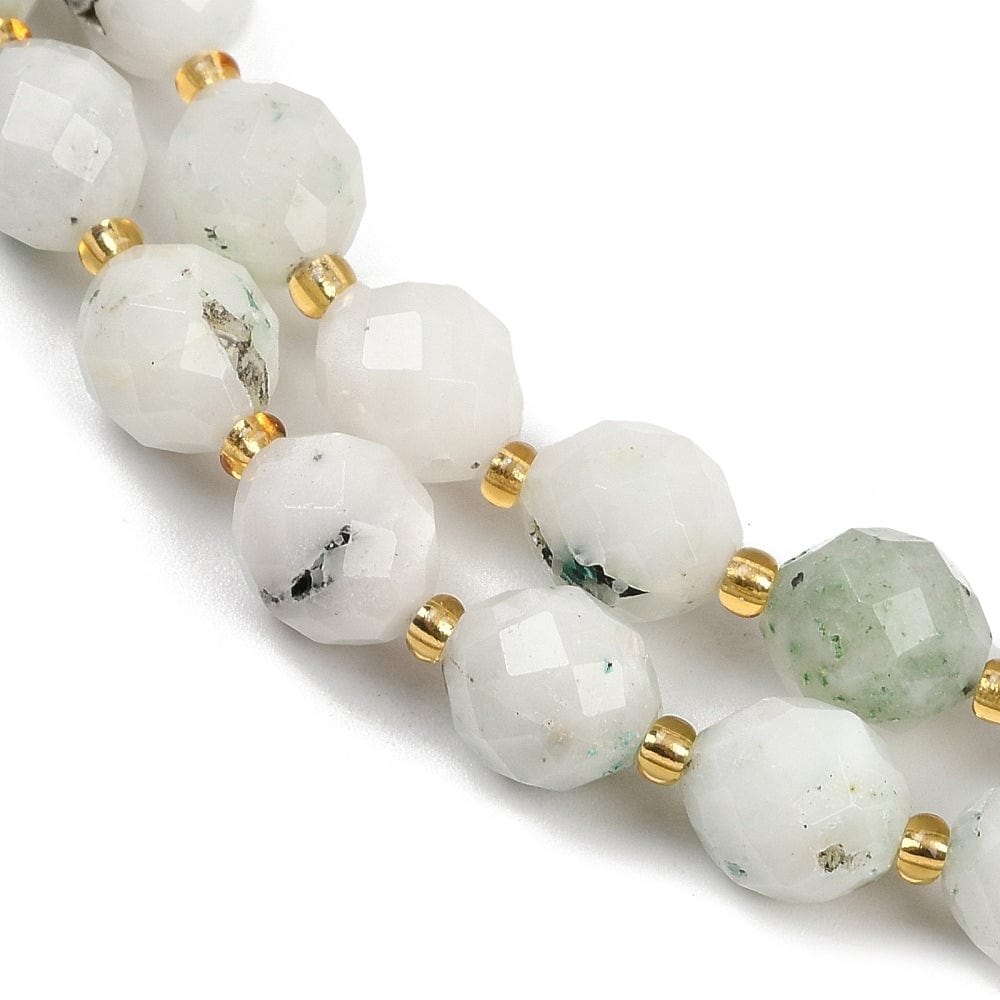 Hvid Afrikansk Opal – Facetteret Oval med Seed Beads (9x10mm) - Uniq Perler - 115766