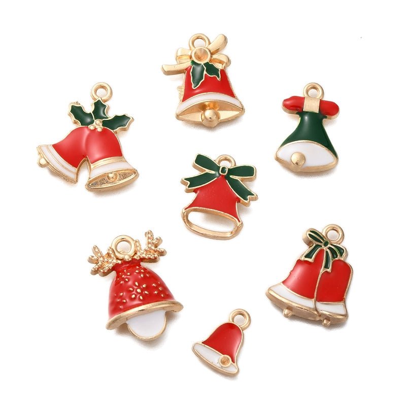 Juleklokke Vedhæng – Emalje, Forgyldt (9 - 21mm) 7 stk - Uniq Perler -