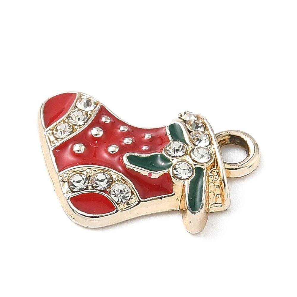 Julestrømpe Vedhæng – med Emalje og Rhinsten, Forgyldt (15.5x14.5mm) 4 stk - Uniq Perler -