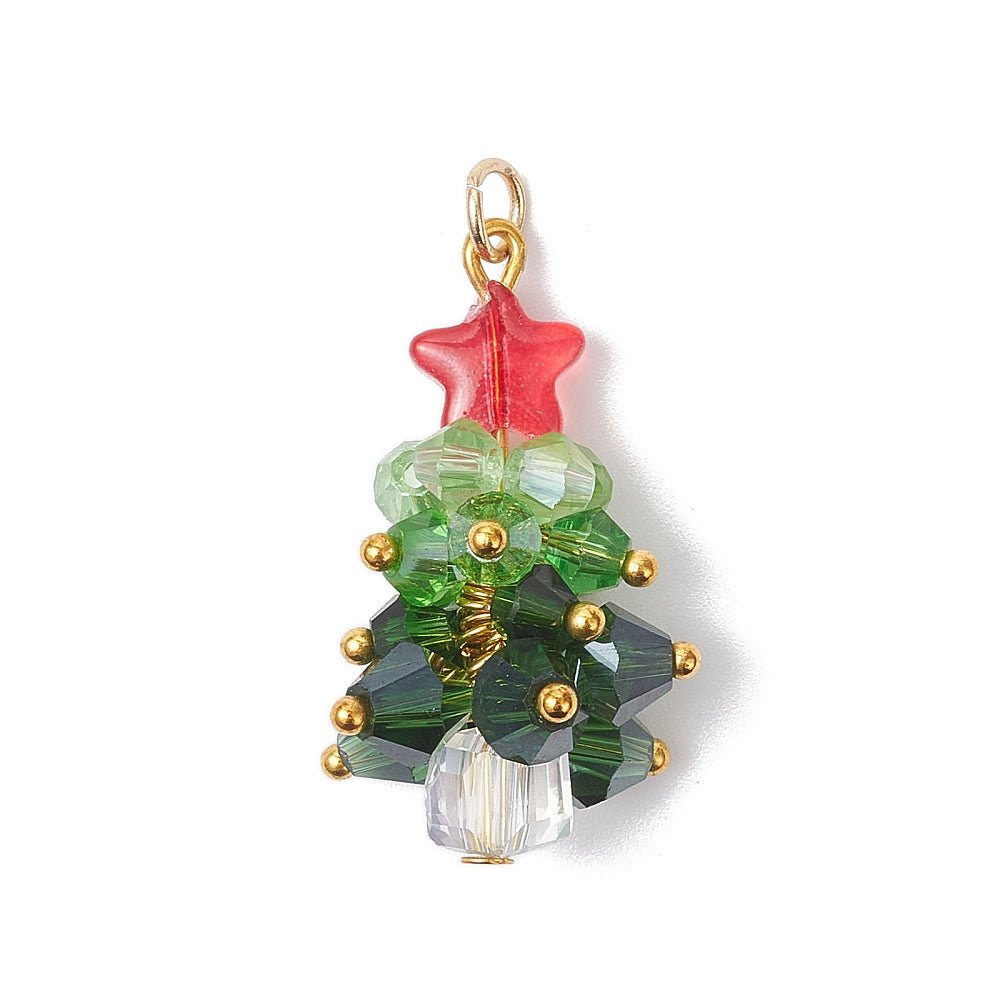 Juletræs Vedhæng med Facetteret Glas – 18K Forgyldt Stål (30x17mm) 2 stk - Uniq Perler -