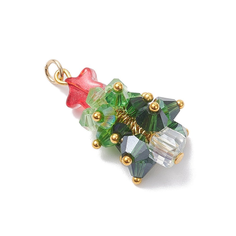 Juletræs Vedhæng med Facetteret Glas – 18K Forgyldt Stål (30x17mm) 2 stk - Uniq Perler -