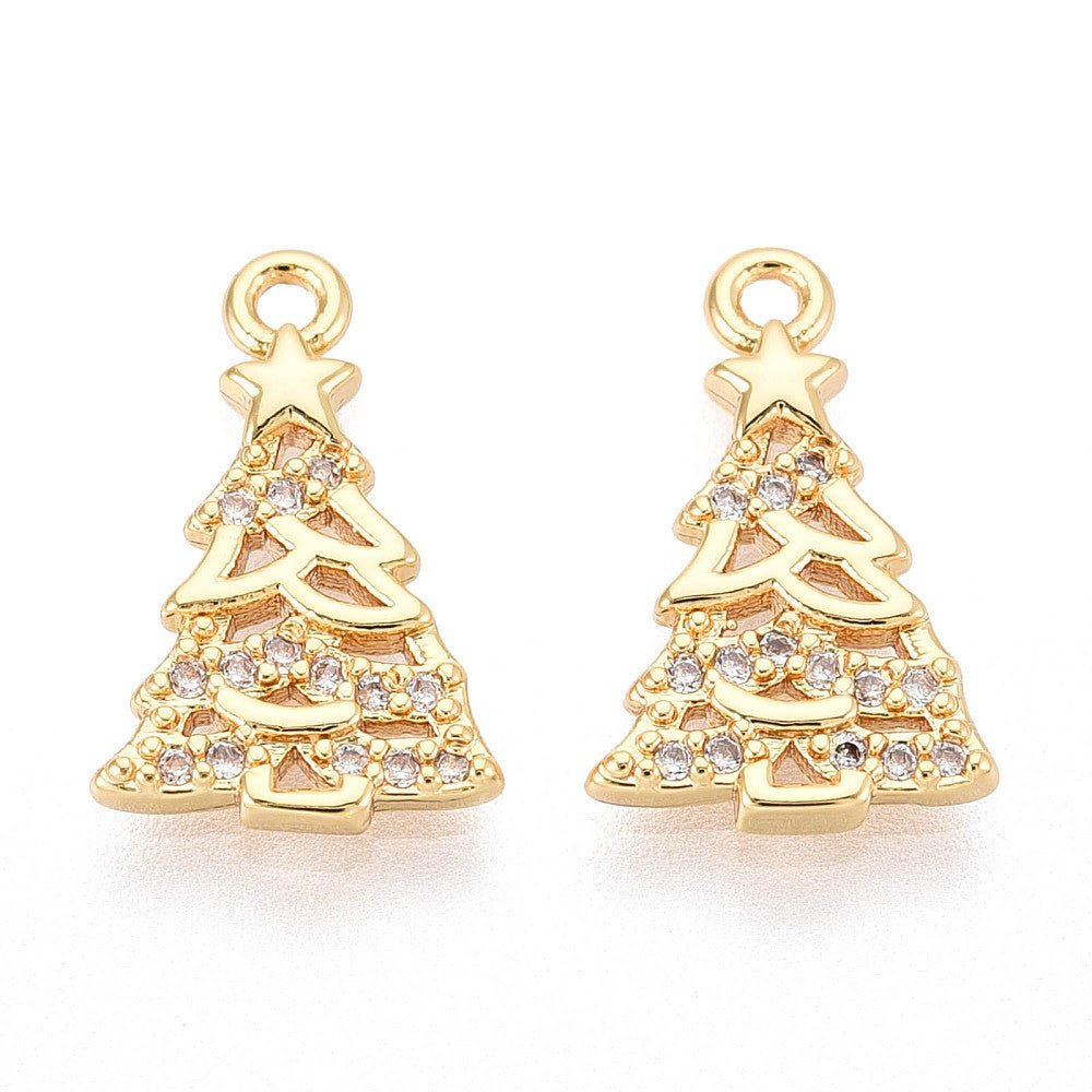 Juletræs Vedhæng – Med Klare Zirkonia, 18K Forgyldt (15x9mm) 2 stk - Uniq Perler -