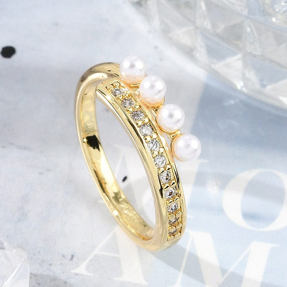 Justerbar Ring i Messing m. Klar Zirkonia & Perle – 18K Forgyldt - Uniq Perler - 115988