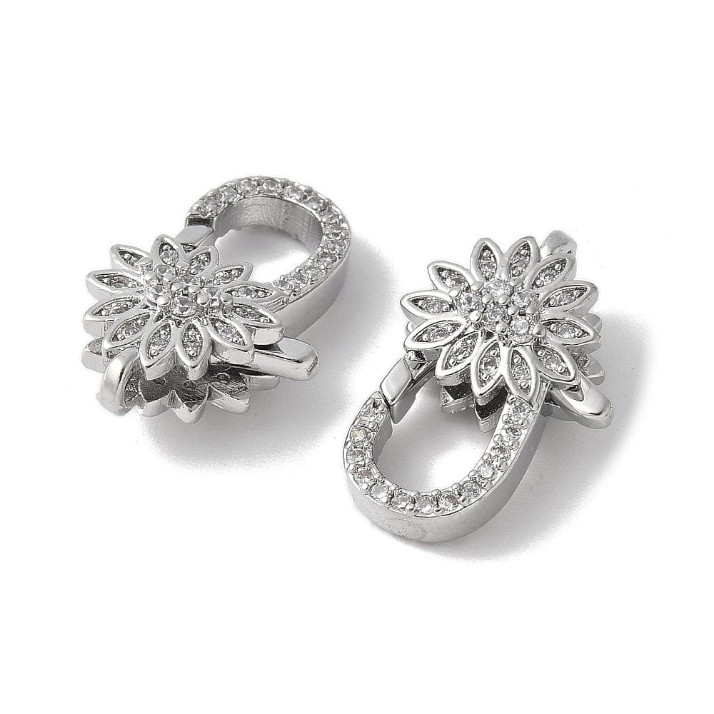 Karabin Lås Med Zirkonia & Blomst – Langtidsholdbar Platin Farvet (13x20mm) - Uniq Perler - 114951