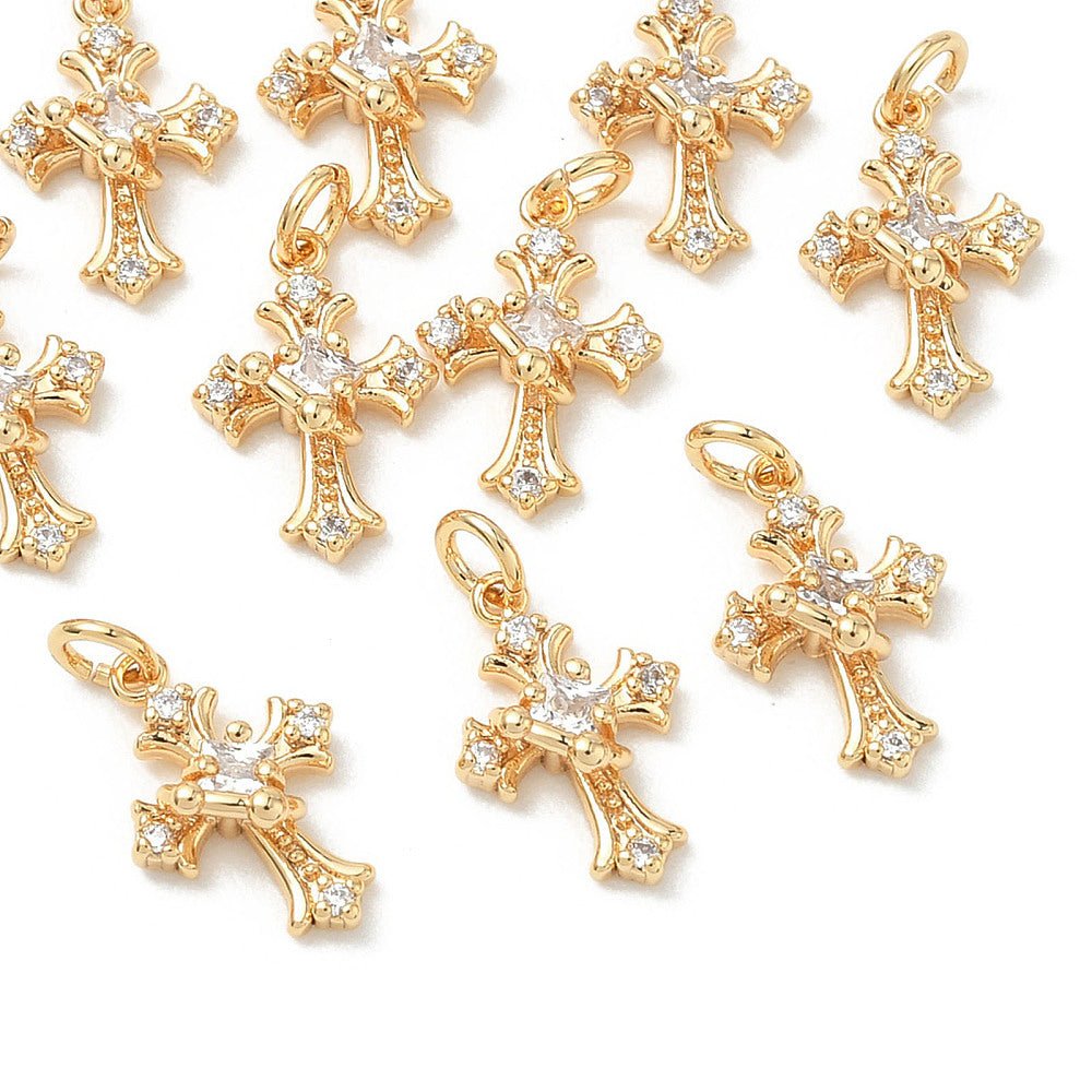 Kors Vedhæng Med Zirkonia – 18K Forgyldt Messing (13x9x4mm) - Uniq Perler - 120549