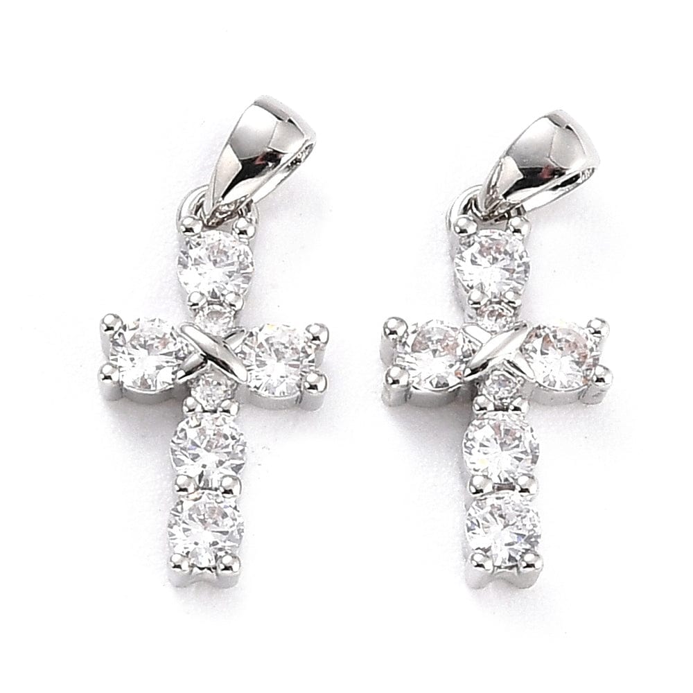 Kors Vedhæng Med Zirkonia Sten, Langtidsholdbar Platin Belagt, 16x9mm - Uniq Perler - 717708