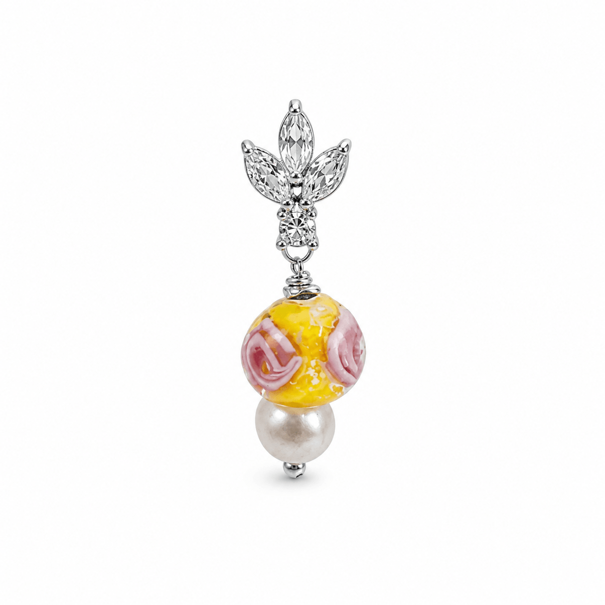 Lampwork Glasperler – Gul med Sølvfolie og Blomst, Runde (7.5mm) 4 stk. - Uniq Perler - 120044