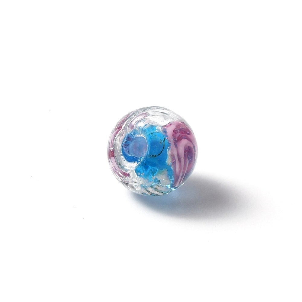 Lampwork-glassperler – himmelblå med sølvfolie og blomst, runde (7.5mm) 4 stk.