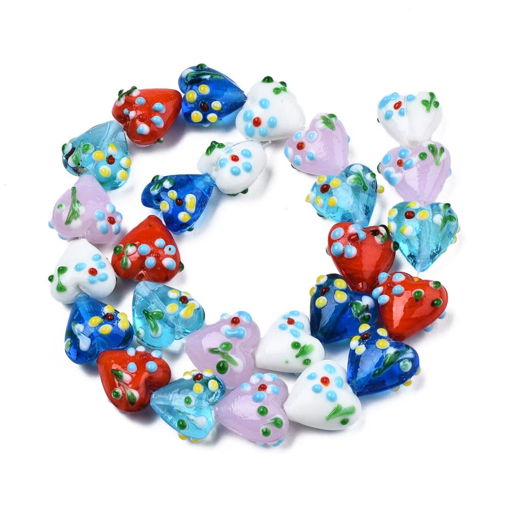 Lampwork Hjerte Glasperler – Håndlavede, Mix Farver (14,5x17mm) 10 stk - Uniq Perler - 115512