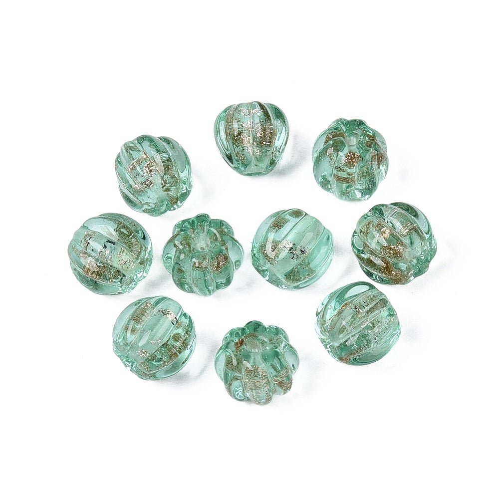 Lampwork Perler – Græskar, Akvamarin Med Guldstøv (8,5x7mm) 6 stk. - Uniq Perler - 123058