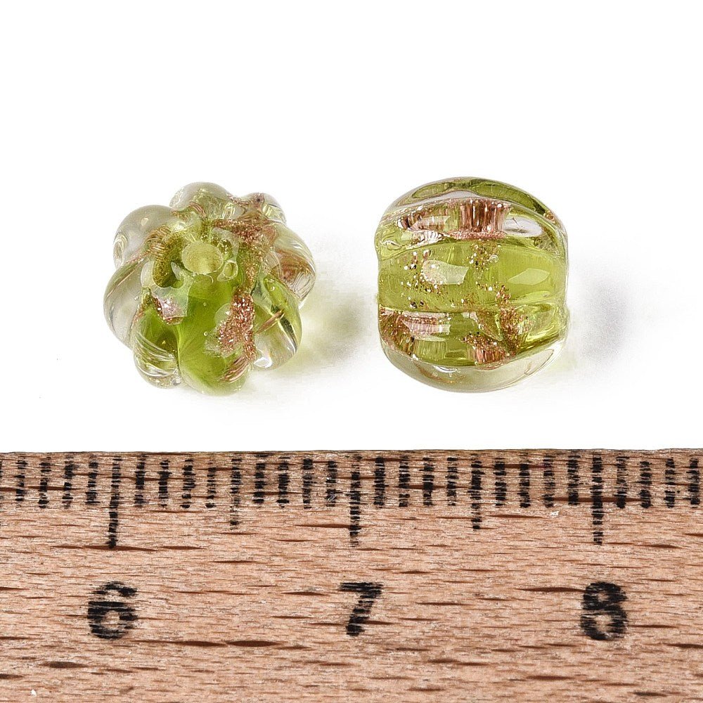 Lampwork Perler – Græskar, Lime Med Guldstøv (8,5x7mm) 6 stk. - Uniq Perler - 123059