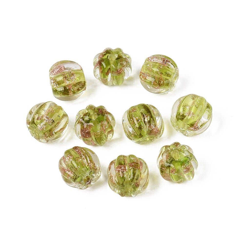 Lampwork Perler – Græskar, Lime Med Guldstøv (8,5x7mm) 6 stk. - Uniq Perler - 123059