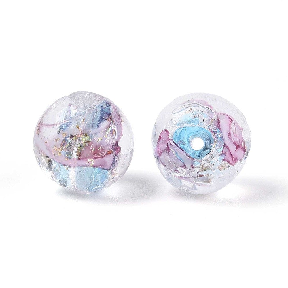 Lampwork Perler Med Blomst – Rund, Blå/Rosa (10mm, 8 stk) - Uniq Perler - 115968