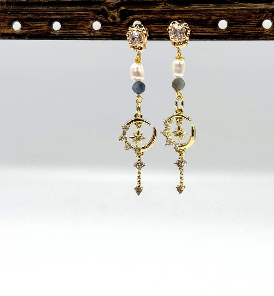 Måne Og Stjerne Vedhæng Med Zirkonia Sten, Langtidsholdbar Forgyldt, (12x27,5mm) - Uniq Perler - 114521