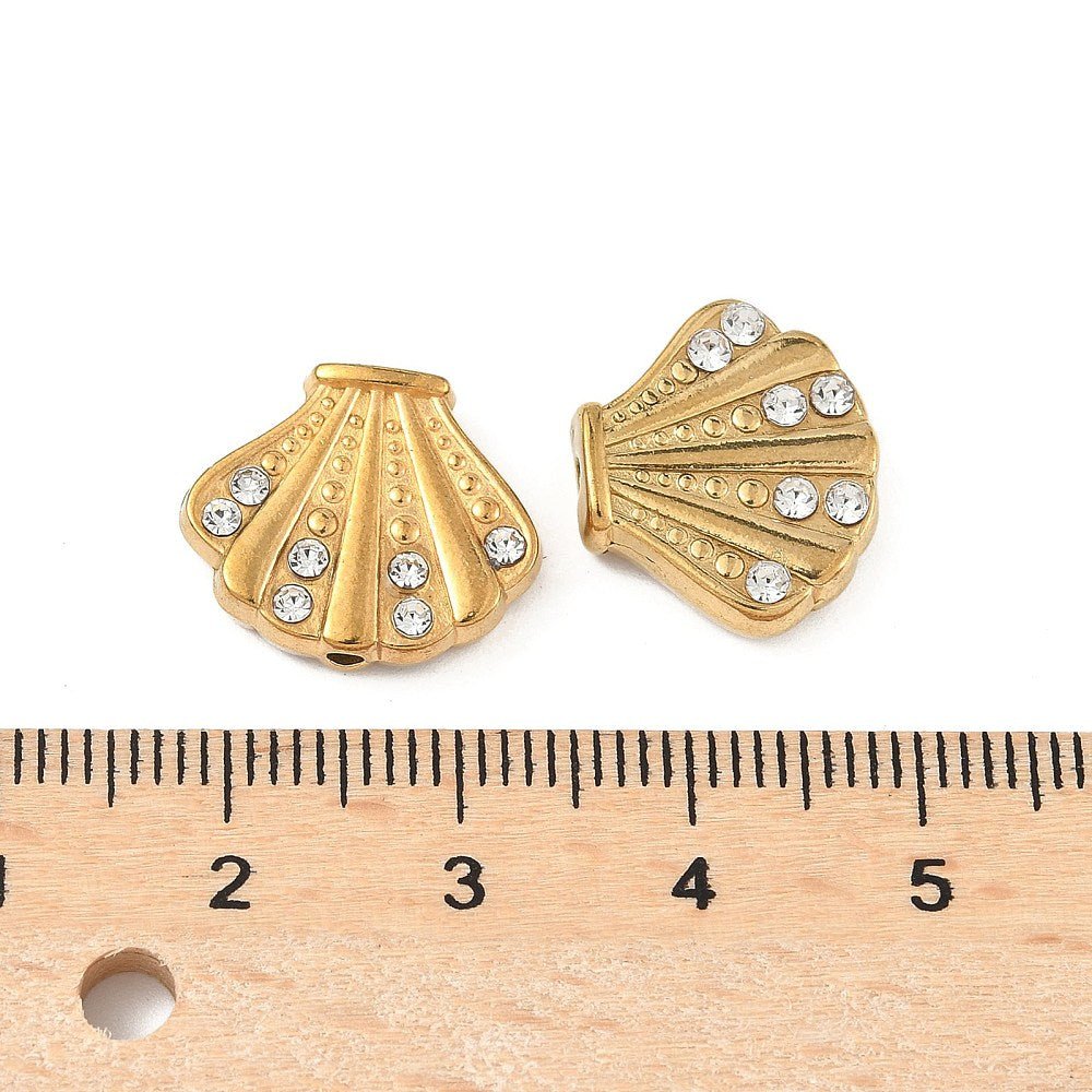 Muslingeperler med Rhinsten – 18K Forgyldt Stål (13,5x16x4,5mm) 2 stk. - Uniq Perler - 119834