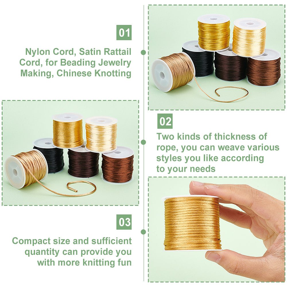 Nylonsnor Sett – Satin Rattail, Fargemiks (1mm og 2mm) 12 ruller