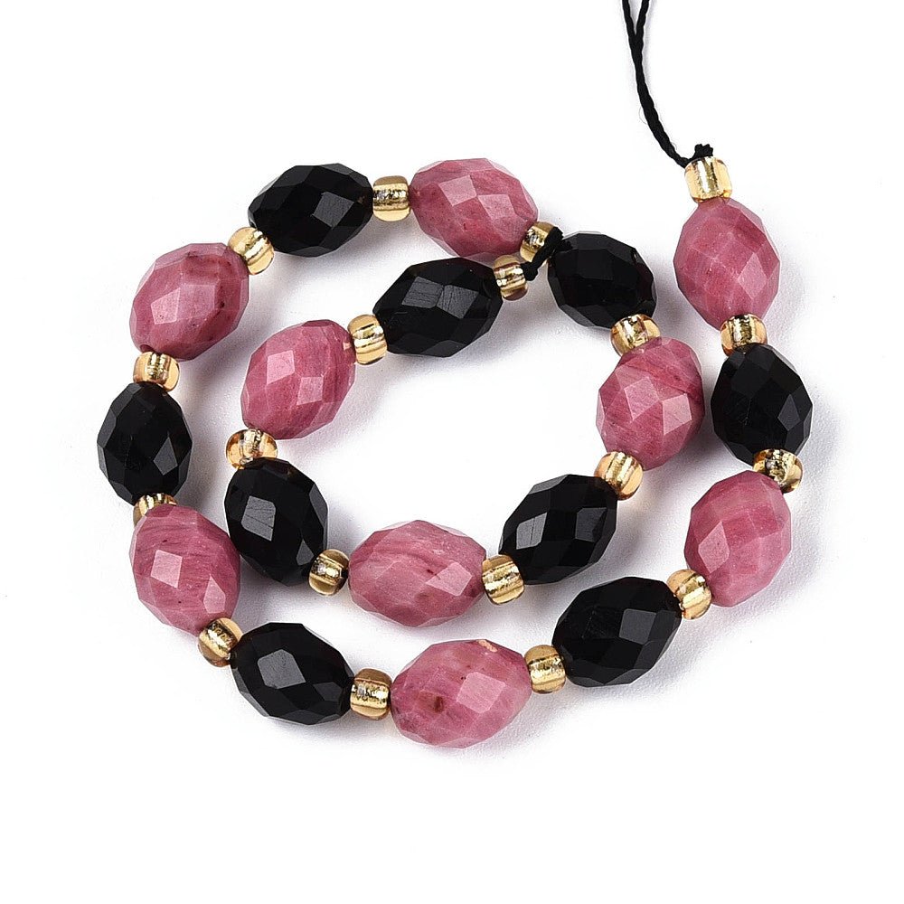 Obsidian og Rhodonit Perler – Facetteret, Risformet (7,5 - 9x6 - 7mm) - Uniq Perler - 117518