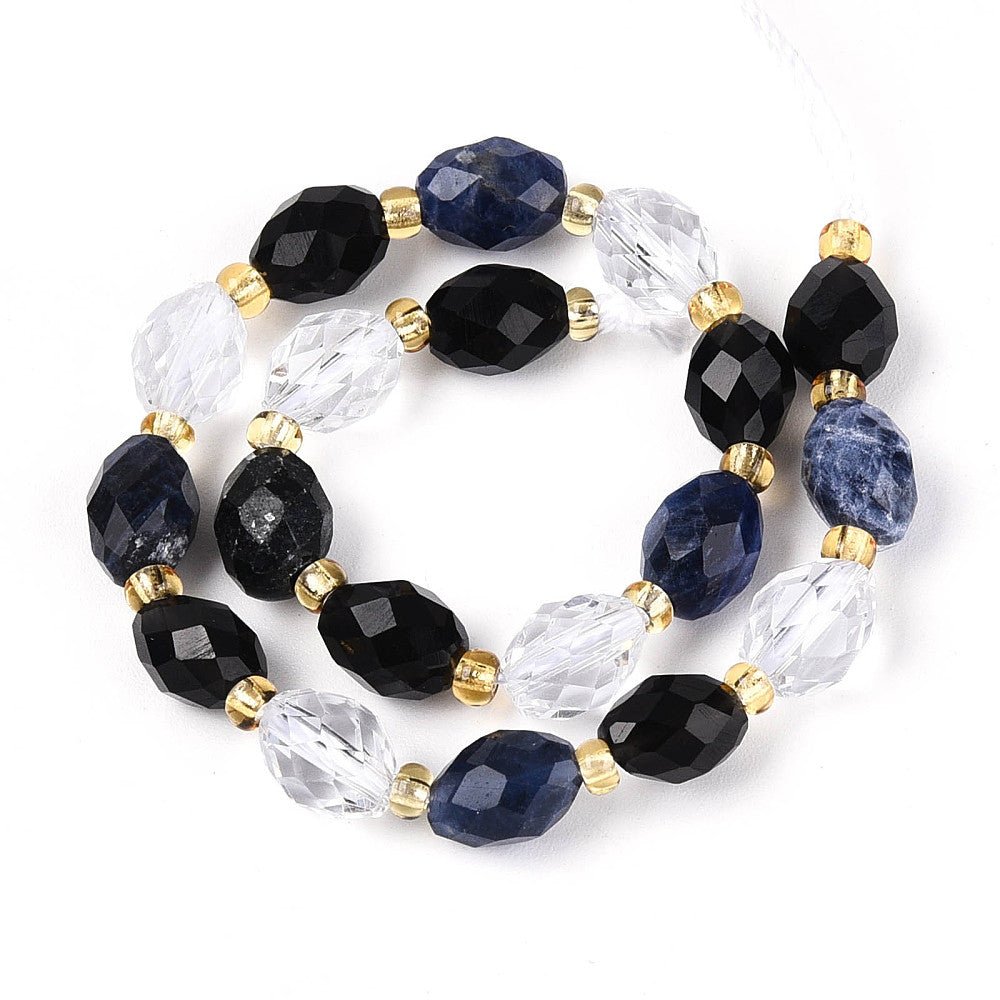 Obsidian, Sodalit og Bjergkrystal Perler – Facetteret, Risformet (7,5 - 9x6 - 7mm) - Uniq Perler - 117517