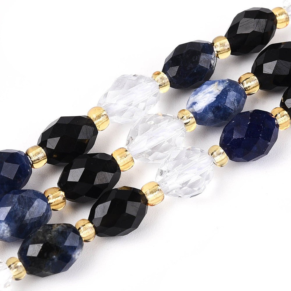 Obsidian, Sodalit og Bjergkrystal Perler – Facetteret, Risformet (7,5 - 9x6 - 7mm) - Uniq Perler - 117517