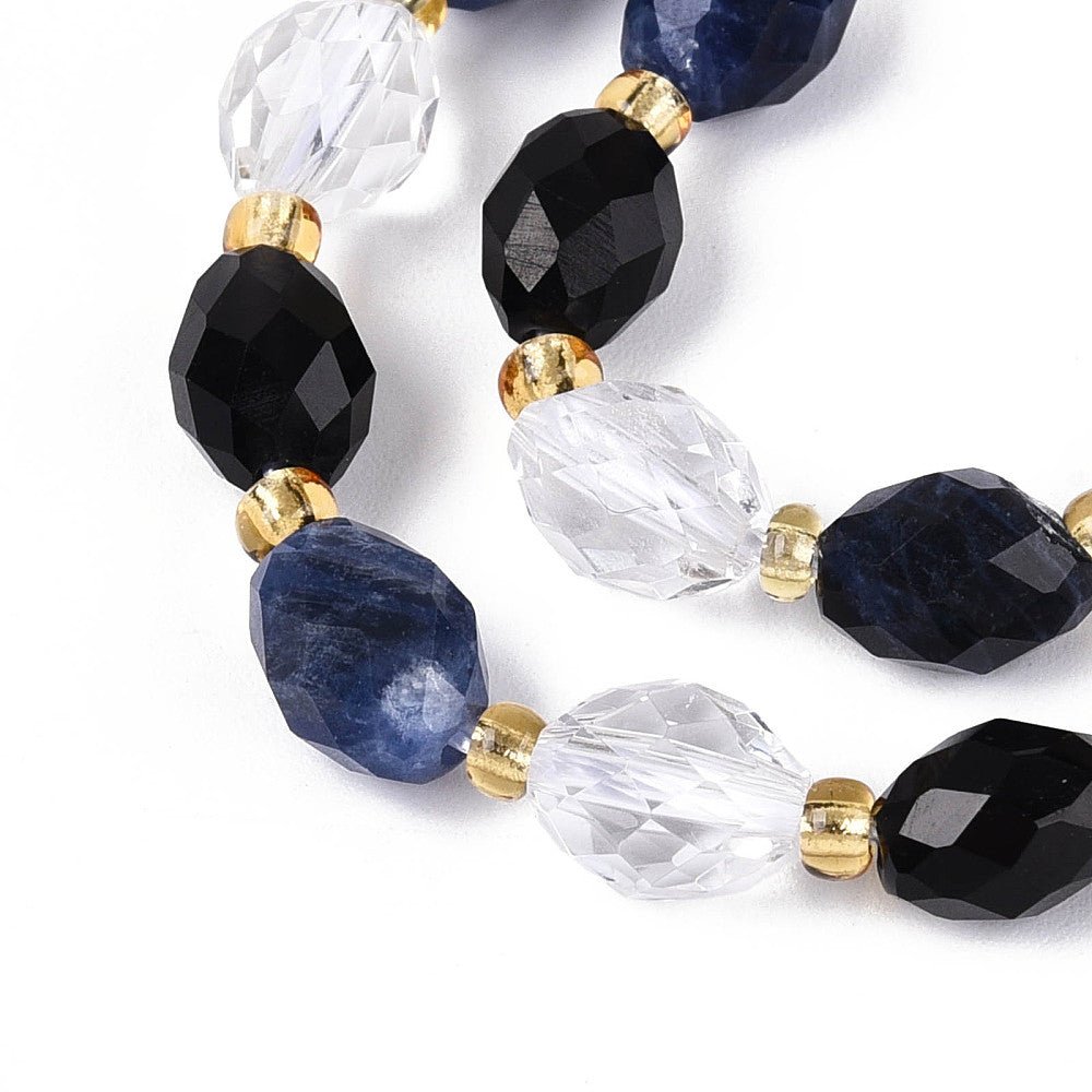 Obsidian, Sodalit og Bjergkrystal Perler – Facetteret, Risformet (7,5 - 9x6 - 7mm) - Uniq Perler - 117517