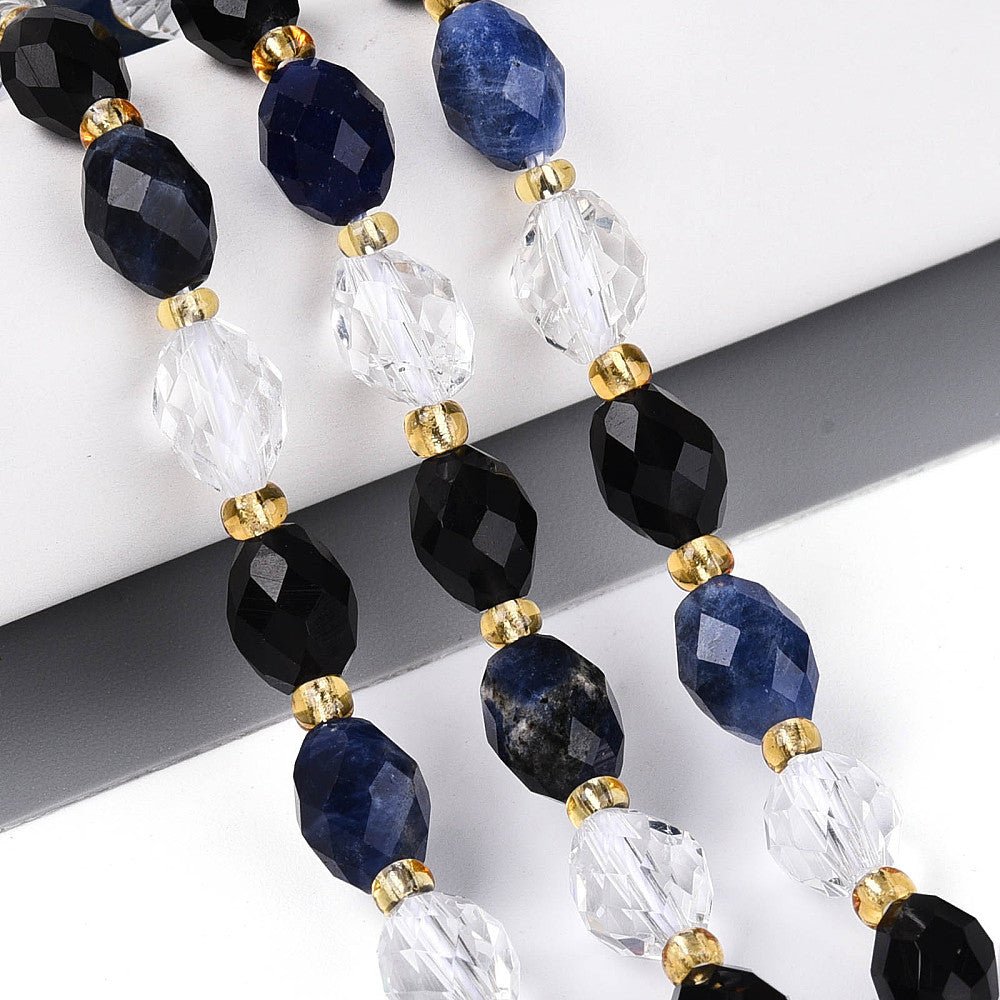 Obsidian, Sodalit og Bjergkrystal Perler – Facetteret, Risformet (7,5 - 9x6 - 7mm) - Uniq Perler - 117517