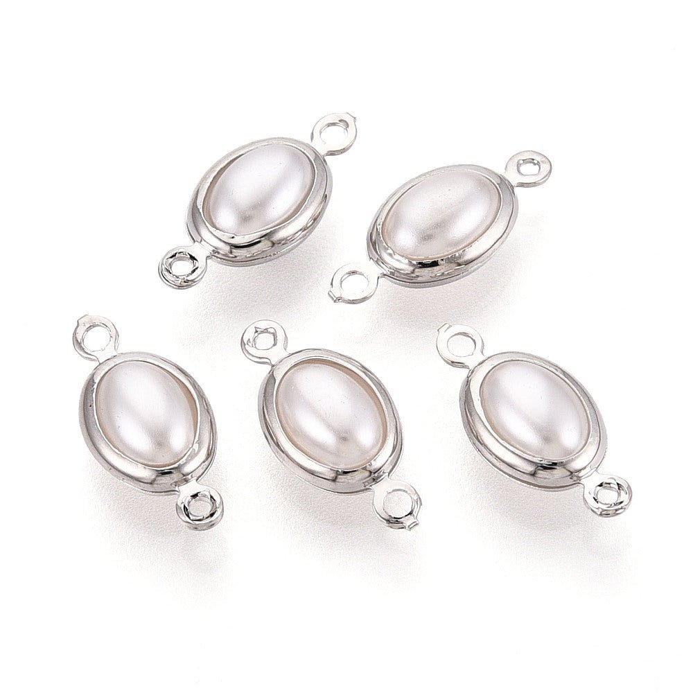 Oval Mellemled Med Perle – Langtidsholdbar Platinbelagt Messing (14,5x7x4,5mm)2 stk. - Uniq Perler - 119626