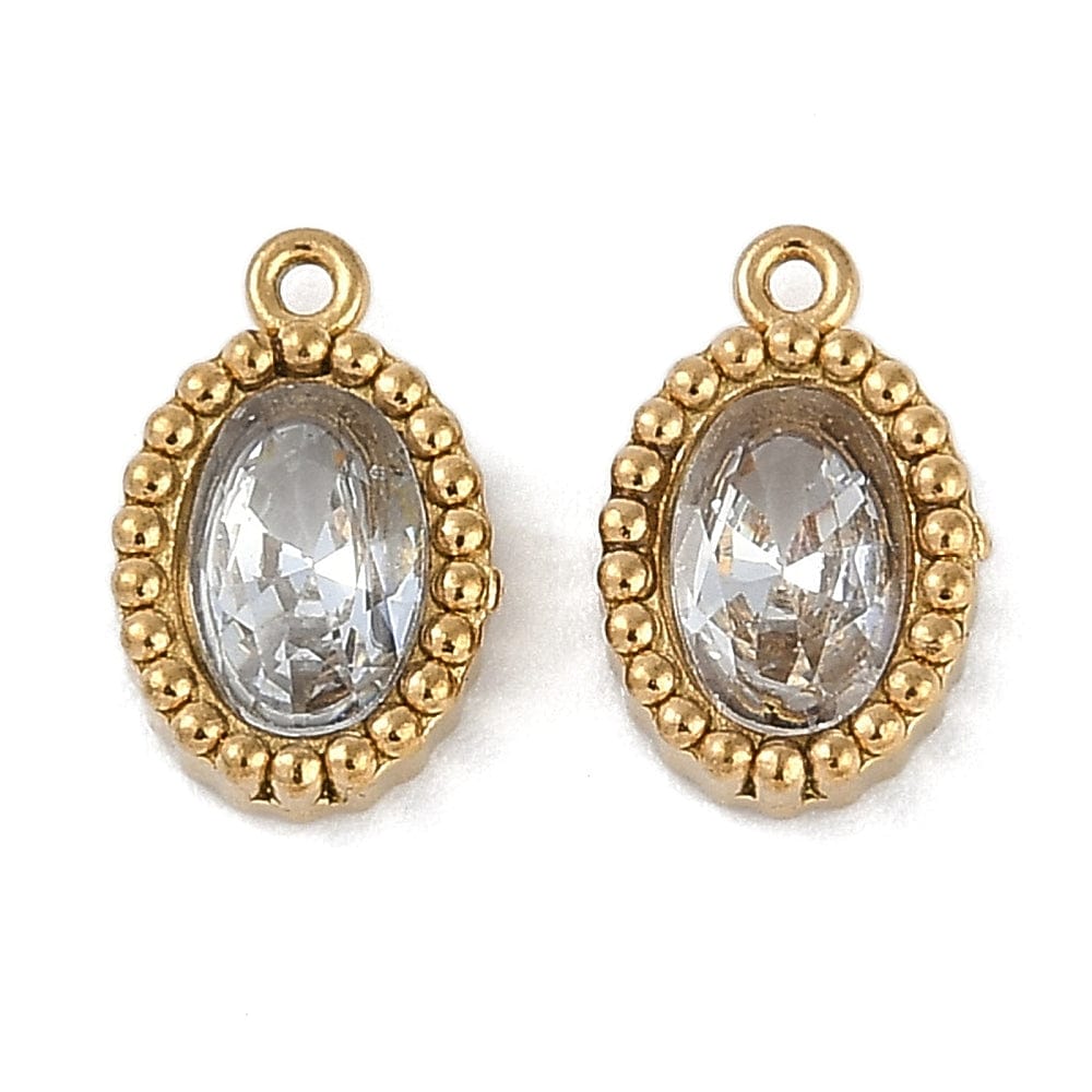 Ovalt Vandfast Vedhæng Med klar Glas, 18K Forgyldt Stål, 10x6,5mm, 2 stk. - Uniq Perler - 868687