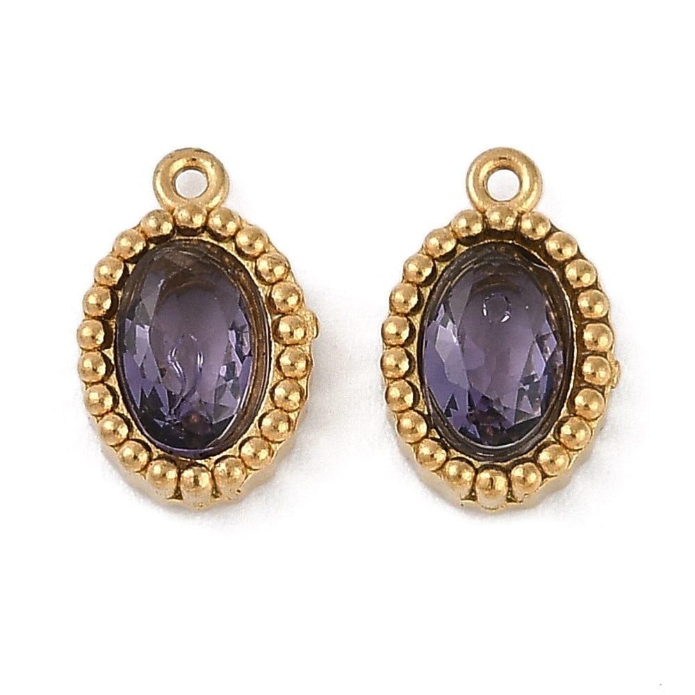 Ovalt Vandfast Vedhæng Med Lilla Glas, 18K Forgyldt Stål, 10x6,5mm, 2 stk. - Uniq Perler - 973456