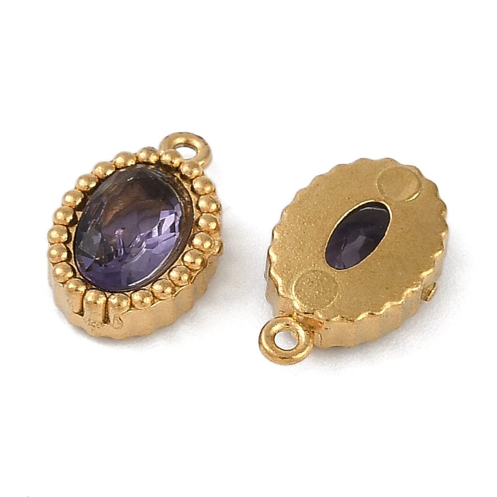 Ovalt Vandfast Vedhæng Med Lilla Glas, 18K Forgyldt Stål, 10x6,5mm, 2 stk. - Uniq Perler - 973456