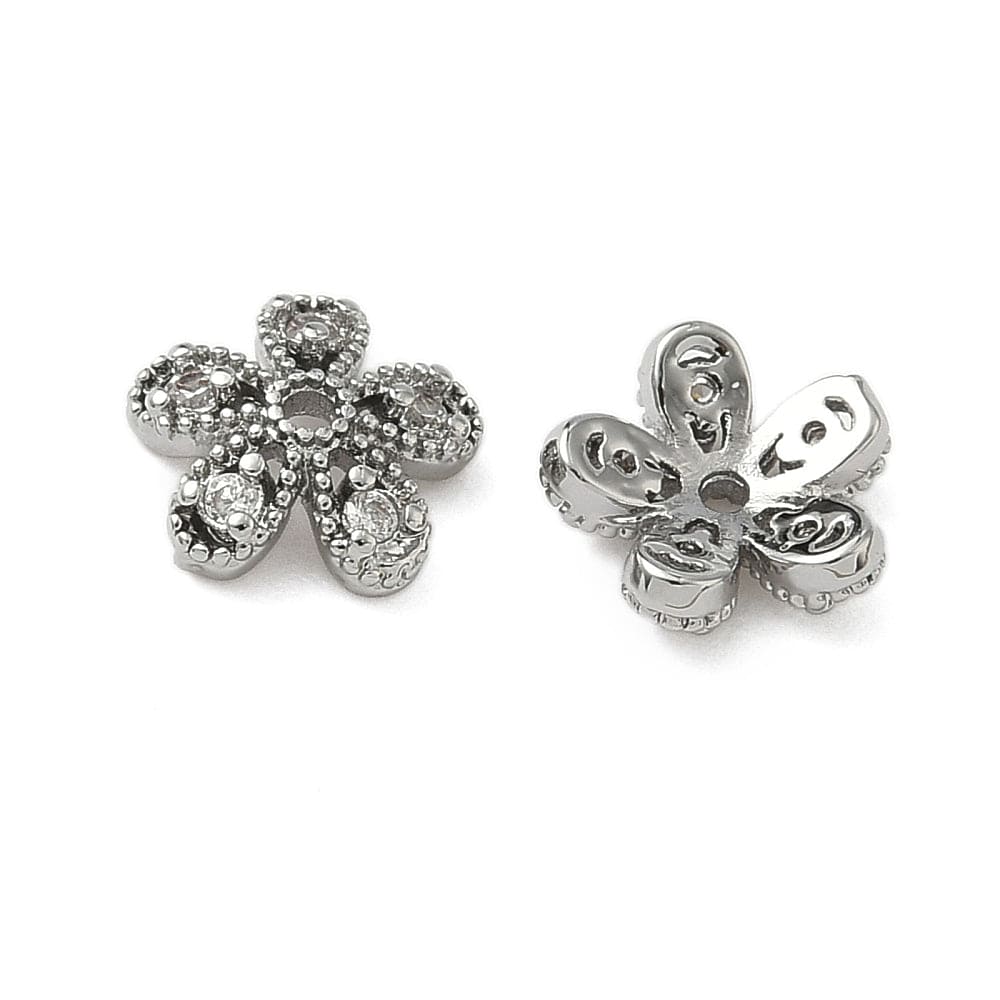 Perlehatte – Blomst m. Zirkonia, Platin farvet Messing (8,5mm) 8 stk. - Uniq Perler - 115691