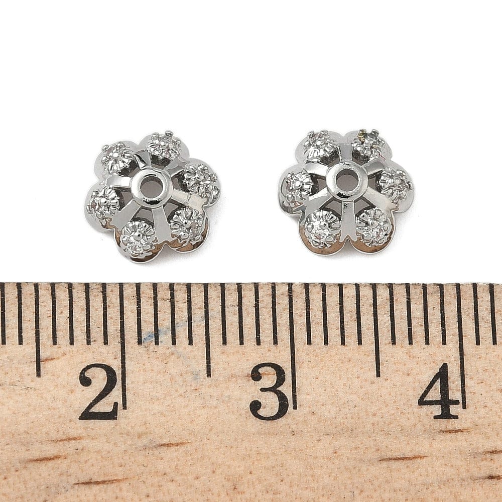 Perlehatte – Blomst m. Zirkonia, Platin farvet Messing (8,5mm) 8 stk. - Uniq Perler - 115692