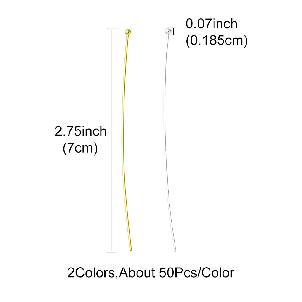 Perlestave med Rundt Hoved – 18K Forgyldt og Sølvbelagt (70x0,7mm) 100 Stk - Uniq Perler - 117088