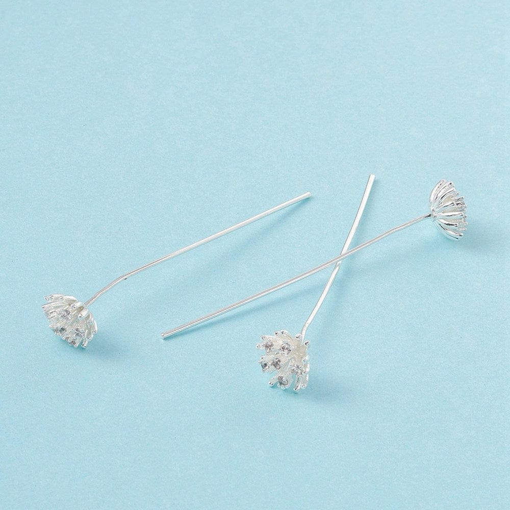 Perlestave Med Zirkonia Blomst - Forsølvet (55x0,7mm) 2 Stk - Uniq Perler - 115795