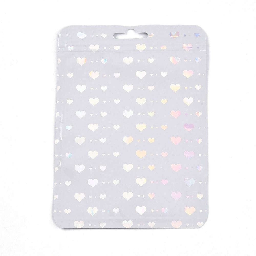 Plastikposer Med Lynlås, Hvid Med Hjerter, (10x15cm, 25 stk.) - Uniq Perler - 114964