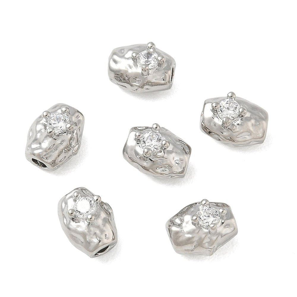 Platinbelagt Messing Perler Med Zirkonia – Hamrede, Ovale (6x7,5x6mm) 2 stk. - Uniq Perler - 125018