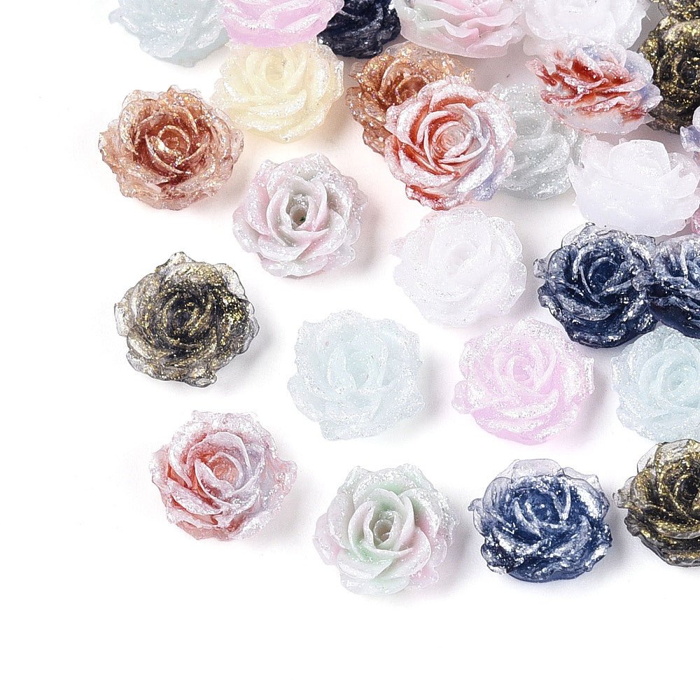 Resin Cabochoner – Blomstermotiv Med Glitter, Farve Mix (9~10x4~5mm) 20 stk. - Uniq Perler - 118883