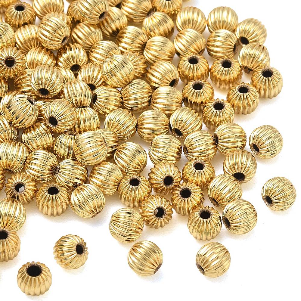 Riflede Runde Messing Perler – 18K Langtidsholdbar Forgyldt (6mm) 10 stk. - Uniq Perler - 123955