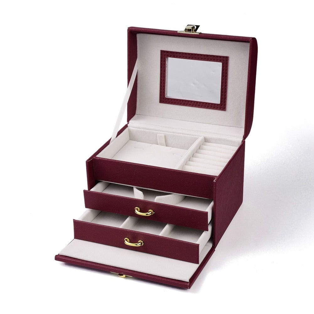 Rummeligt Smykkeskrin med Spejl og Skuffer - Bordeaux (15x12,5x12,5cm) - Uniq Perler - 0000014483
