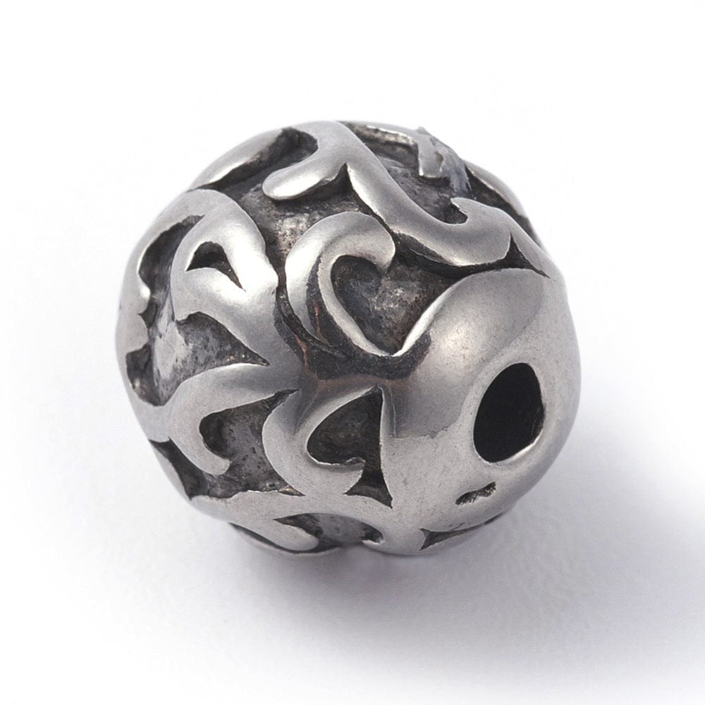 Runde Perler i Stål – Blomster Mønster, Antik Forsølvet (9,5mm) - Uniq Perler - 116007