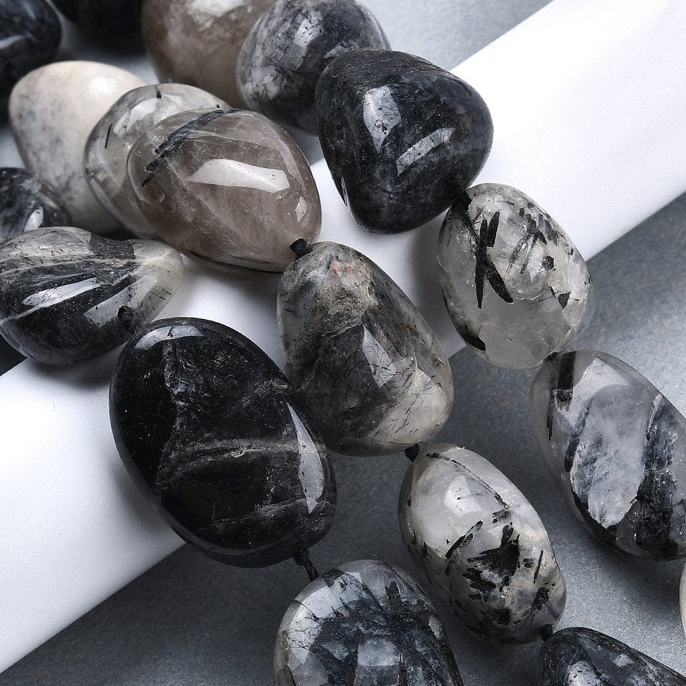 Rutilleret Kvarts – Sort, Oval (13 - 20x23 - 27mm) - Uniq Perler - 115242