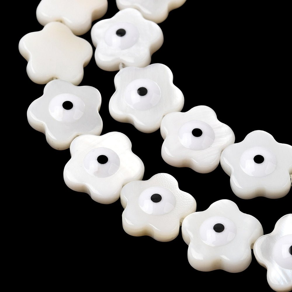 Shell Perler Anheng – Hvit blomst med Evil Eye (9,5~10,5mm) 10 stk.