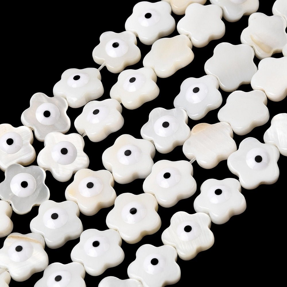 Shell Perler Anheng – Hvit blomst med Evil Eye (9,5~10,5mm) 10 stk.