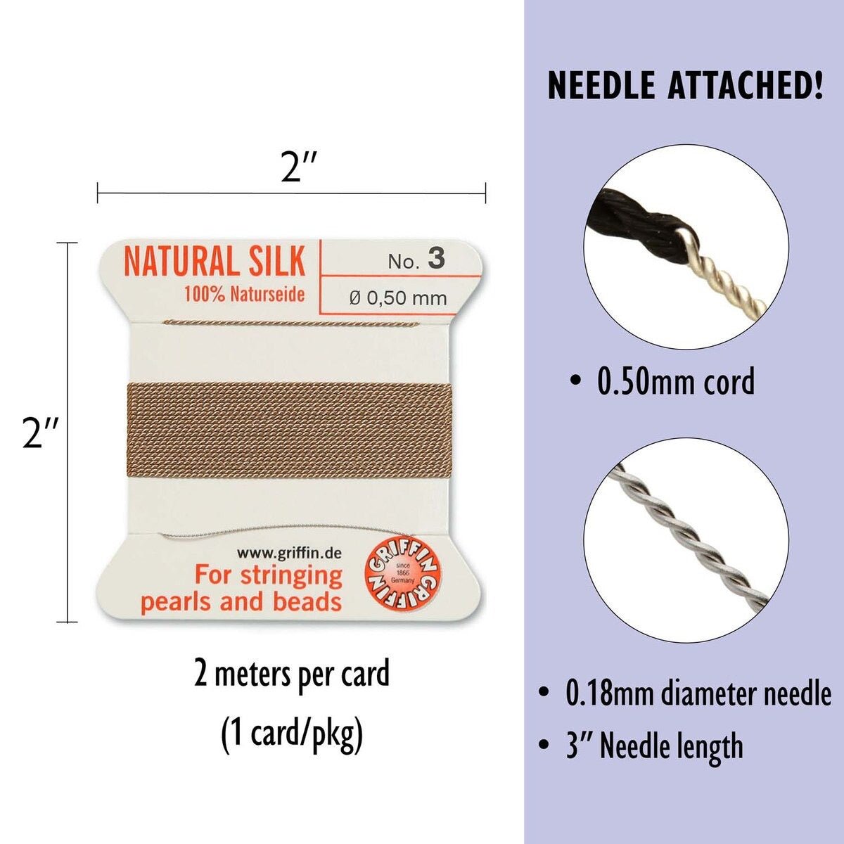 Silkesnor med Nål – Beige (0,5mm, 2m) - Uniq Perler - 116364