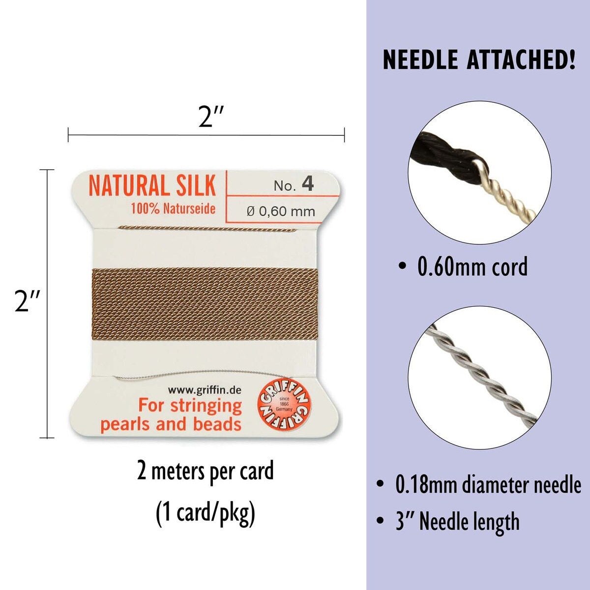 Silkesnor med Nål – Beige (0,6mm, 2m) - Uniq Perler - 116365