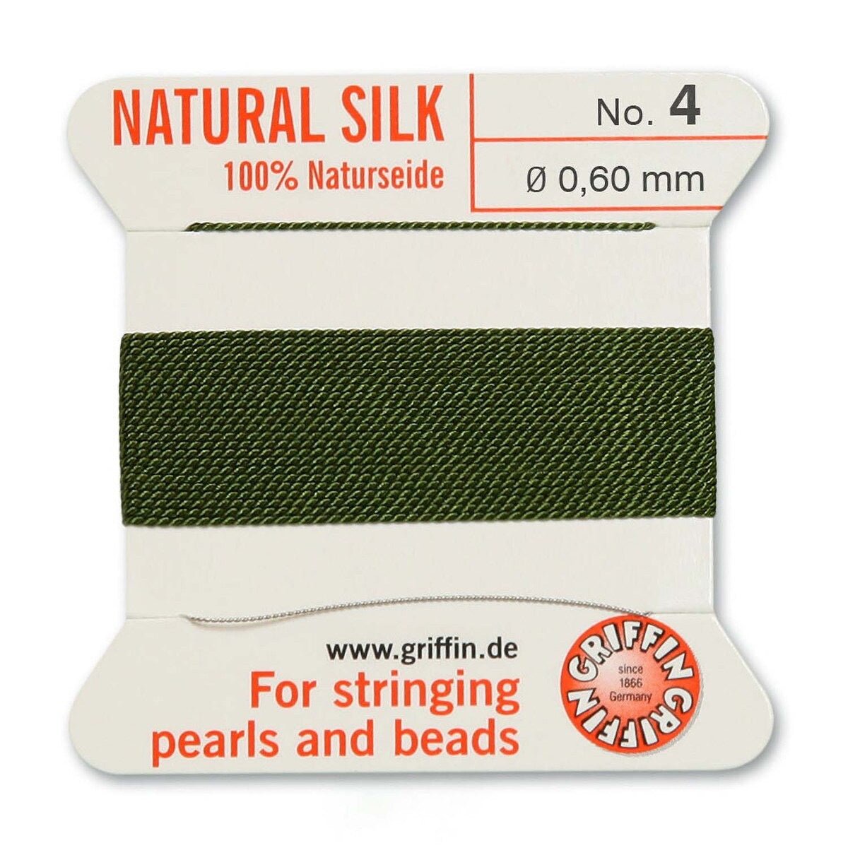 Silkesnor Med Nål - Oliven, Str. 4 (0,60mm), 2m - Uniq Perler - 116363