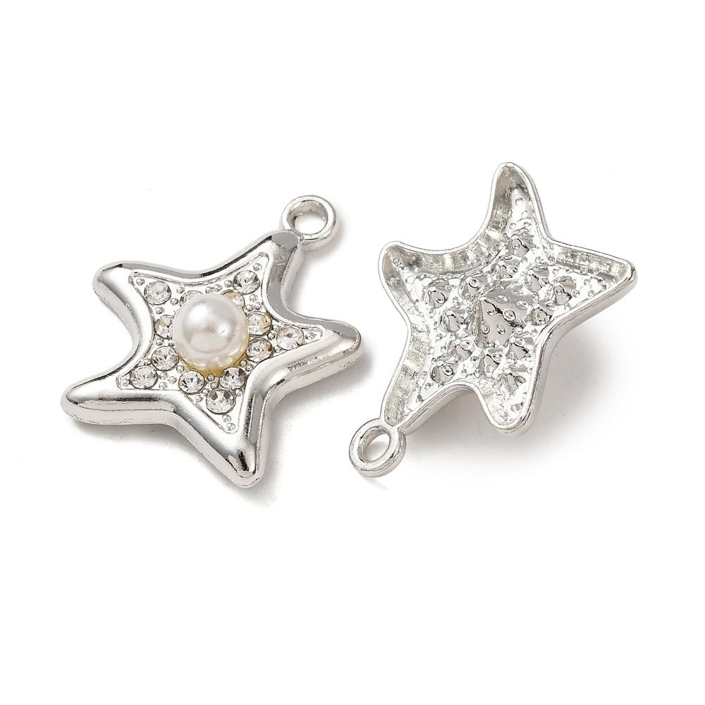 Søstjerne Vedhæng Med Perle Og Rhinsten – Platinbelagt Messing (21x18x6mm) 6 stk. - Uniq Perler - 120502