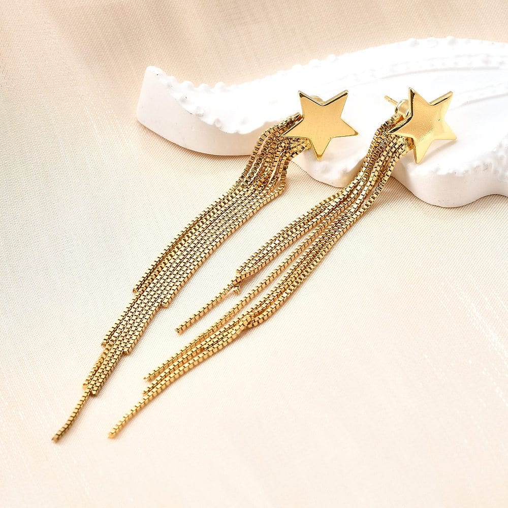 Stjerne Ørestikker med Kæde – Langtidsholdbar 18K Forgyldt (80mm) - Uniq Perler -